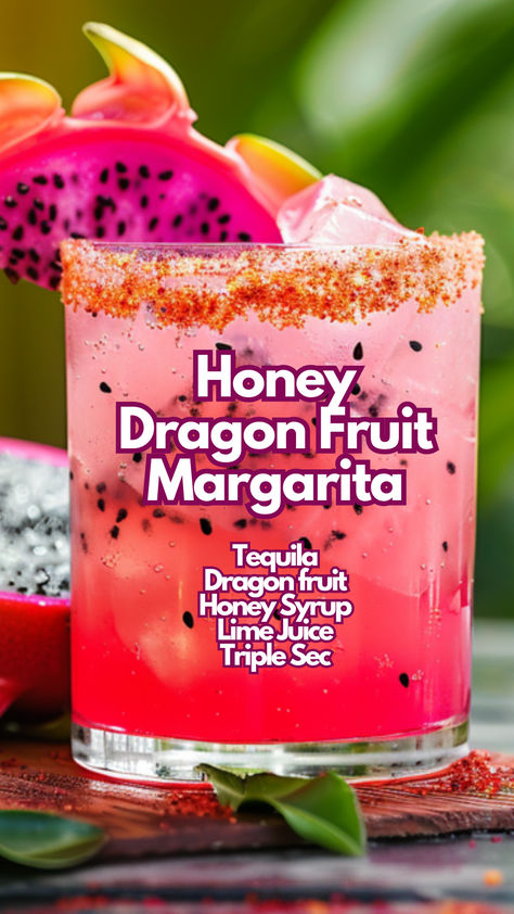 Honey Dragon Fruit Margarita Dragon Fruit Margarita, Dragonfruit Margarita, Dominican Drinks, Fruit Margarita, Bartender Drinks, Pretty Alcoholic Drinks, Summer Drinks Alcohol, Cocktail Drinks Alcoholic, Mixed Drinks Alcohol