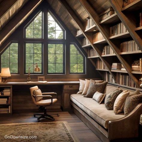 Home Library Attic, Slanted Ceiling Library, Sloped Ceiling Office, Attic Book Nook, Attic Library Ideas, Attic Shelving, Library Attic, Attic Reading Nook, Converted Attic Space