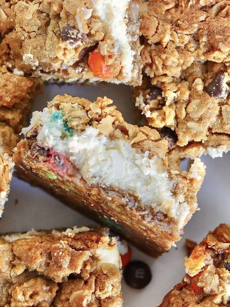 Monster Cookie Cheesecake, Cookie Cheesecake Bars, Cookie Cheesecake, Monster Cookie, Vanilla Cheesecake, Cookies Brownies, Cheesecake Cookies, Cheesecake Bars, First Bite