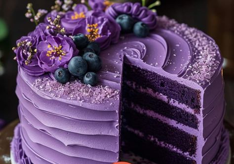 Blueberry Velvet Cake Blueberries Cake Decoration, Blueberry Velvet Cake, Blueberry Cakes Birthday, Blue Velvet Cake Recipe Easy, Nova Scotia Blueberry Cream Cake, Purple Cake Aesthetic, Blueberry Chocolate Cake, Color Frosting, Purple Velvet Cakes