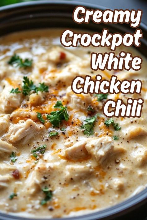 Savor the rich, comforting flavors of our Creamy Crockpot White Chicken Chili! This easy crockpot recipe combines tender chicken, creamy beans, and zesty spices for a delicious meal that cooks while you relax. Perfect for busy weeknights, it’s healthy, packed with protein, and family-friendly. Try this hearty dish today—save the pin and visit our site for the full recipe! White Bean Chicken Chili Recipe Crockpot, Chicken And White Bean Chili Crock Pot, Slow Cook White Chicken Chili, White Chicken Chili Crockpot Recipes Cream Cheese, White Chicken Chili Spice Recipe, Slow Cooker Creamy White Chicken Chili, Canned Chicken White Chili, Rotisserie White Chicken Chili Crock Pot, Crockpot Recipes With Heavy Cream