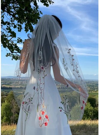 Embroidered Fingertip Veil, Garden Wedding Veil, Wedding Veil Design, Non Traditional Wedding Veils, Wildflower Veil, Veil With Flowers, Fingertip Length Wedding Veil, Veil Floral, Flower Wedding Hair