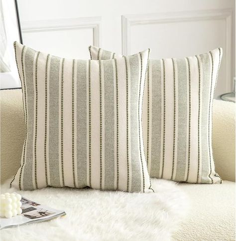 Amazon.com: Cethom Decorative Boho Throw Pillow Covers, Farmhouse Textured Pillow Case, 18 x 18 Inch Set of 2, Chair Sofa Bedroom Living Room Home Decor Couch Cushion Case, Green and Beige Striped : Home & Kitchen Boho Throw Pillow, Plaid Throw Pillows, Beige Living Rooms, Couch Cushion, Boho Throws, Boho Throw Pillows, Living Room Pillows, Chair Sofa, Couch Cushions