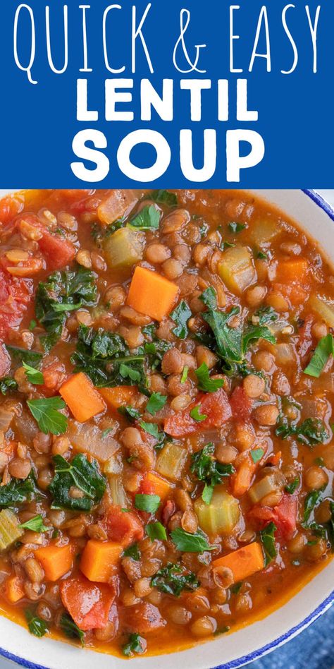 This Quick and Easy Vegetarian Lentil Soup recipe is made using canned lentils, which cuts down on the cooking time so much! This soup is still hearty and flavorful but it is ready in half the time. This plant based soup recipe is a protein packed one pot meal that can be prepped ahead of time and is freezer friendly. Enjoy with lunch or dinner and serve with bread. #lentilsoup #quickandeasy #souprecipe #vegetarian #plantbased Gluten Free Lentil Soup Recipes, Freezer Lentil Soup, Healthy Vegetable Lentil Soup, Easy Lentil Stew, Soup Recipes With Lentils, Lentil Soup With Canned Lentils, 1 Pot Vegetarian Meals, Easy Lentil Soup Crockpot, Low Cal Lentil Soup