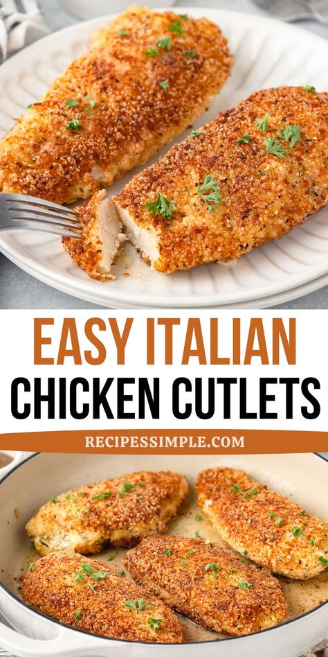 Easy Chicken Cutlet Recipes, Italian Chicken Cutlets, Easy Italian Chicken, Baked Chicken Cutlets, Breaded Chicken Recipes, Chicken Cutlet Recipes, Breaded Chicken Cutlets, Easy Chicken Recipe, Turkey Cutlets