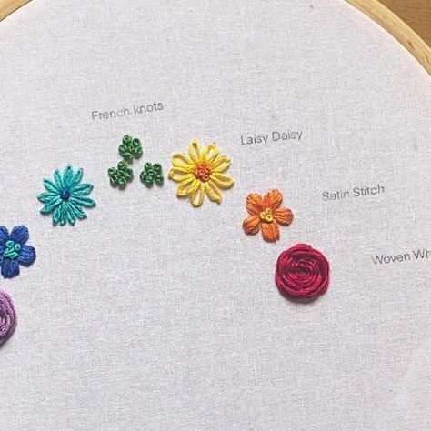 Cute Embroidery Flowers Easy, Flowers In Embroidery, Embroidered Jeans Pocket Flowers, Dainty Embroidery Flowers, Flower Stitch Pattern, Small Flowers Design, Satin Stitch Flower Hand Embroidery Tutorial, Types Of Flower Embroidery, Tiny Flower Embroidery Tutorial