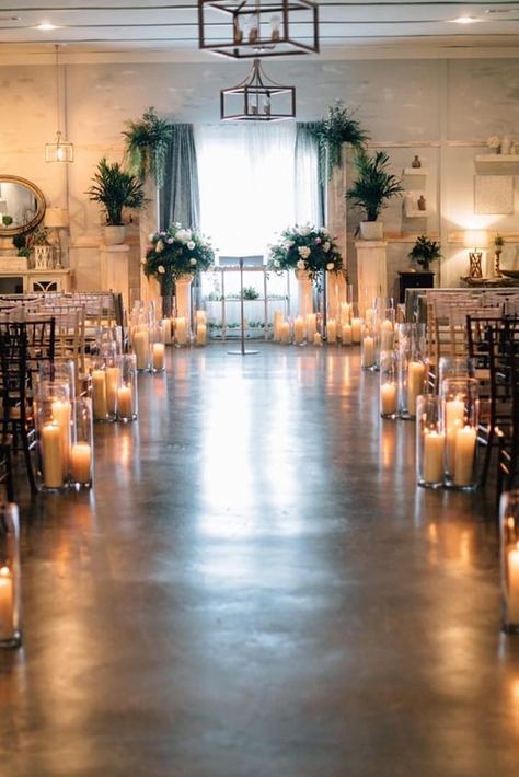 Large Candle Wedding Aisle, Candles At Ceremony, Unique Wedding Lighting Ideas, Candles Down Isle, Candlelit Wedding Ceremony Indoor, Candles Altar Wedding, Candles Alter Wedding, Candles At Alter Wedding, Wedding Candles On Floor