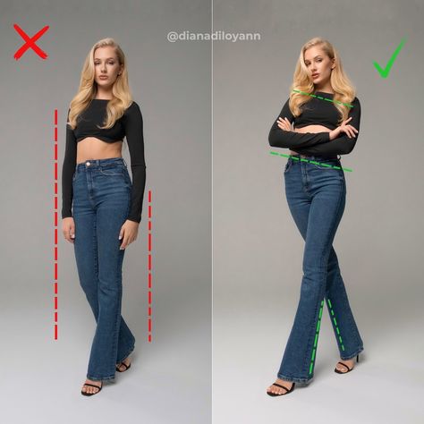 Comment “POSE” to get content creation guide for free!👇🏻 Striking the perfect pose can make all the difference in how confident and powerful you look in photos. The left side shows how a rigid, straight stance can make you look less dynamic, while the right side demonstrates how a simple adjustment can create a more elegant and flattering silhouette🥰 Share with a friend and follow @dianadiloyann for more useful tips ❤️ #howtopose #poseideas #photography #photoidea Pose Reference Photo Elegant, Confident Walk Pose, How To Pose Confidently, Confident Woman Pose, Back Side Photo Pose, Power Stance Pose Reference, Simple Poses Reference, High Angle Pose, Side Pose Reference