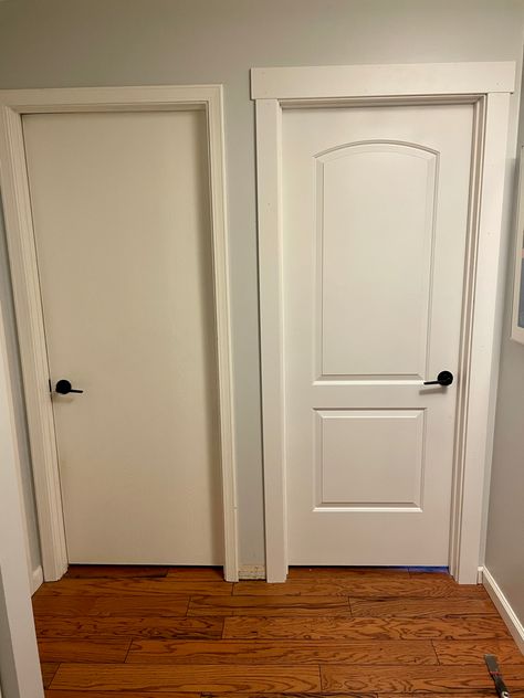 Panel door and craftsman trim 6 Panel Door With Black Hardware, Bedroom Door Trim Ideas, Interior Home Trim Ideas, Wide Trim Around Doors, Simple Door Trim Ideas Interior, Square Door Trim, Non White Trim Interior, Door Panelling Design, Simple Door Trim