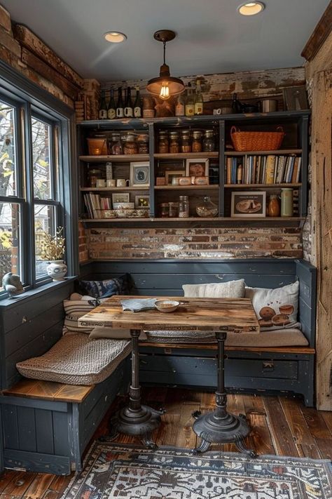 Cozy Kitchen Breakfast Nook, Cafe Inspired Kitchen, Cottage Breakfast Nook, Nook Bay Window, Breakfast Nook Bay Window, Breakfast Nook Ideas, Breakfast Nooks, Nook Ideas, Home Decor Bathroom