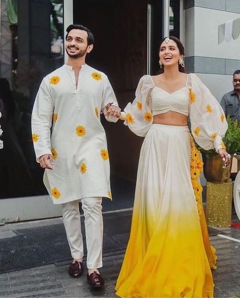 Outfits That Made Us Stop And Ask 'Who Is The Designer?' | WedMeGood Haldi Dress Ideas For Sisters, Haldi Ceremony Outfit For Bride, Haldi Outfits For Bride, Haldi Dress For Bride, Haldi Dress Ideas, Haldi Outfit For Bride, Outfits For Couples, Haldi Ceremony Outfit, Haldi Dress