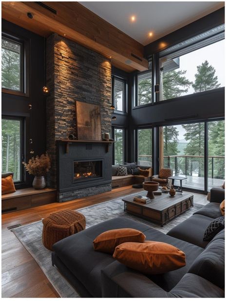 Open Window House, Industrial Style Fireplace, Black Barndominium Interior Ideas, Mountain Lodge Living Room, Moody Farmhouse Living Room, Dark Modern Living Room, Dark Farmhouse, Mountain Ideas, Modern Lodge