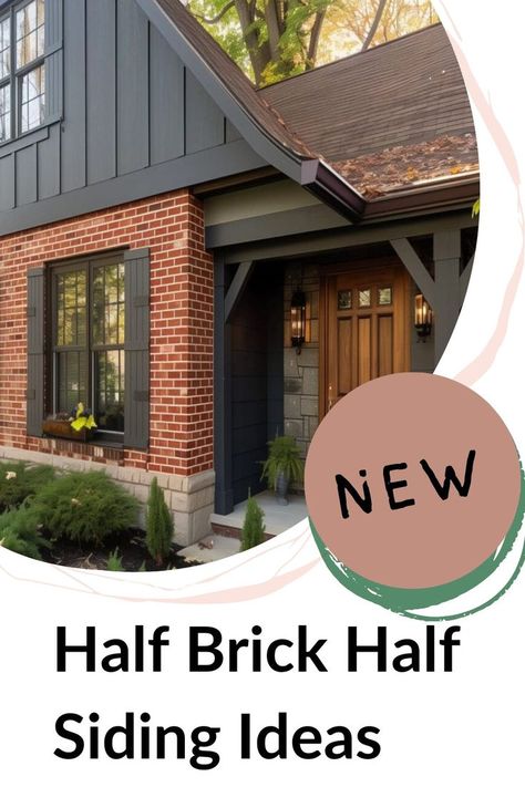 A home that merges style and substance with its half brick half siding exterior, set in a serene neighborhood. Siding To Brick Transition, Painted Brick House Exterior Ideas, Modern Exterior With Brick, Orange Brick With Siding, Exterior Brick House Colors Ideas, Brick House With Painted Siding, House Colors Exterior Brick, Brick Exterior Renovation, White Brick Green Siding