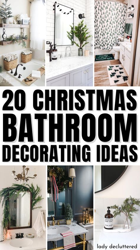 20 Christmas Bathroom Decorating Ideas Christmas Decor Guest Bathroom, Christmas Tree For Bathroom, Fun Hall Bathroom Ideas, Bathroom Decor Ideas For Christmas, Bathroom Christmas Decorations Ideas, Christmas Decor For Bathroom Holidays, Winter Wonderland Bathroom, Winter Decor Bathroom, Bathroom Shelves Christmas Decor