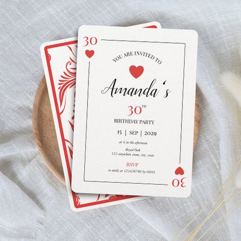 $3.32 | Hearts Playing Card 30th Birthday Invitation #playing card, casino, poker night, las vegas, hearts, art deco, milestone birthday, roaring 20s great gatsby, unique minimalist modern elegant, 30th birthday invitation Playing Card Themed Party Ideas, Playing Card Theme Party, Poker Birthday Theme, Playing Cards Party Theme, Deck Of Cards Birthday Theme, Card Party Decoration, Poker 30th Birthday Party, Playing Card Party Decorations, 30th Vegas Birthday