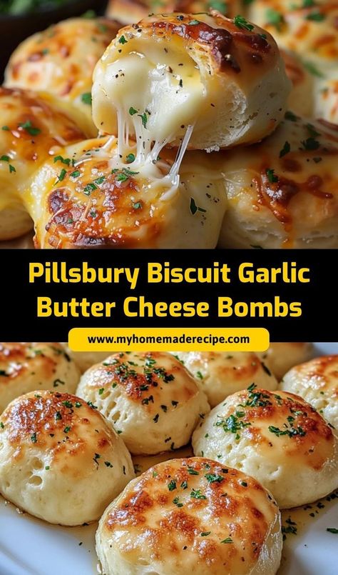 Looking for a fun and cheesy snack? These Pillsbury Biscuit Garlic Butter Cheese Bombs are the answer! Stuffed with gooey cheese and coated in rich garlic butter, they’re perfect for any occasion. Super easy to make, these bite-sized treats are great for parties or movie nights. Your family and friends won't be able to resist! #GarlicButterCheeseBombs #PillsburyBiscuit #CheesySnacks #EasyAppetizers #QuickRecipes #ComfortFood Pillsbury Biscuit Recipes, Garlic Cheese Biscuits, Pilsbury Recipes, Pillsbury Biscuits, Cheesy Snack, Cheesy Biscuit, Pillsbury Recipes, Bombe Recipe, Canned Biscuits