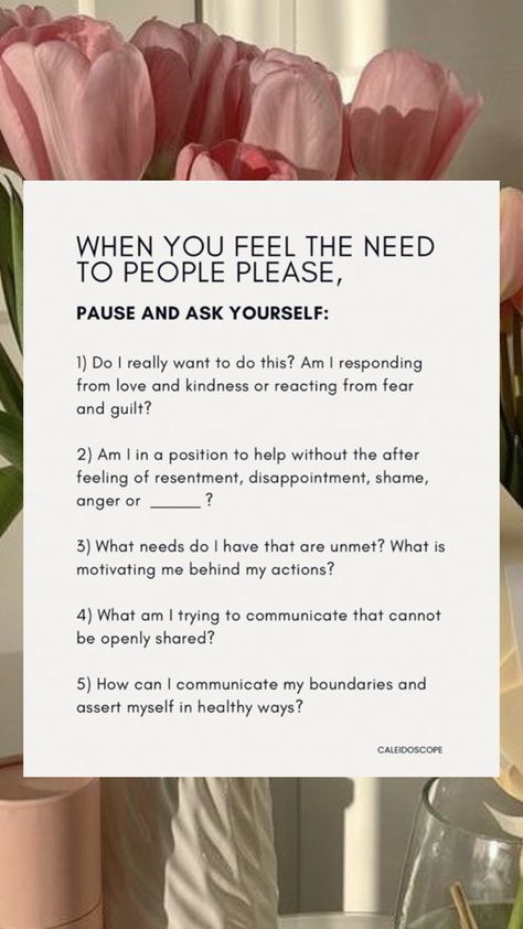 Journal prompts on people pleasing and setting healthy boundaries for yourself People Pleasing Recovery, Stop People Pleasing, Protect Your Peace, People Pleasing, People Pleaser, Reflection Questions, Healthy Advice, Writing Therapy, The Reflection