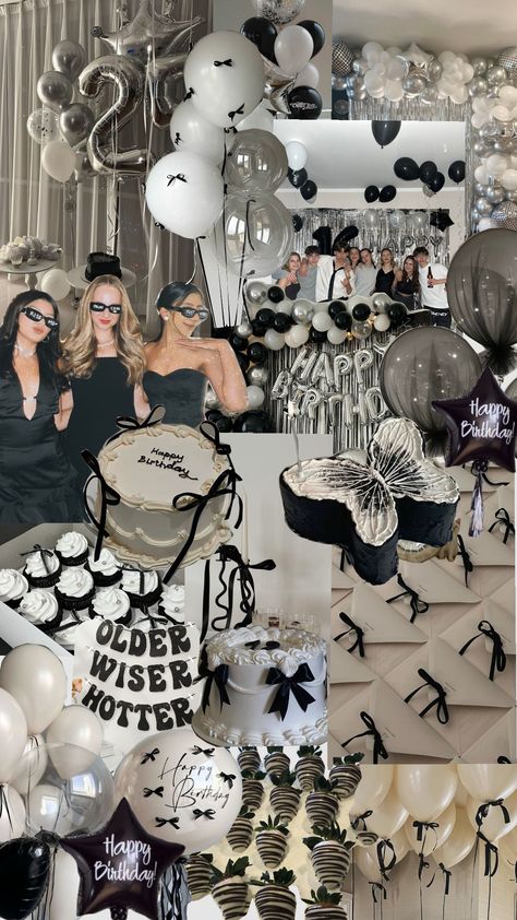 #theme #birthday #birthdayinspo #birthdayparty #birthdayaesthetic #brithdaytheme #aesthetic #blackandwhite #blackandwhiteaesthetic #shufflefyp #shuffleinspo #shuffleaesthetic #fyp #fypshuffle #moodboards #collage Bar Birthday Party Decorations, Sweet 16 Black Tie Theme, Black And White Backyard Party, 25th Bday Theme Party Ideas, 28 Birthday Theme For Her, Birthday Themes For 17th Birthday, 30th Birthday Set Up, Classy Birthday Themes For Women, Birthday Party 19 Years