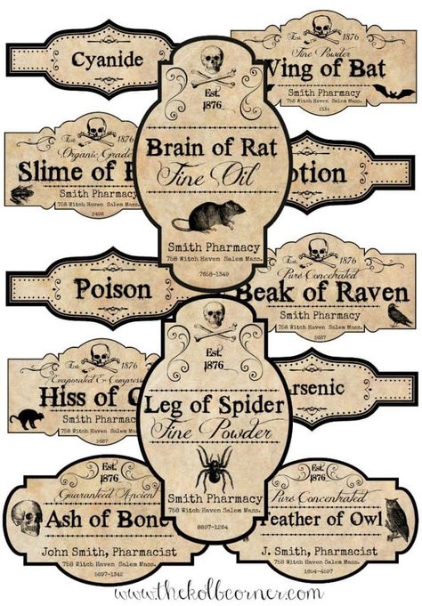 Make your own spooky Apothecary jars for Halloween with these FREE printable labels How To Make Poison, Spooky Apothecary, Halloween Apothecary Jars, Halloween Apothecary Labels, Stary Papier, Halloween Bottle Labels, Halloween Jars, Halloween Apothecary, Halloween Potion Bottles