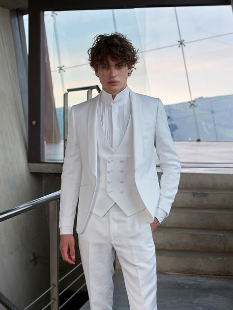 Groom’s Guide: Stylish Wedding Outfits for 2024 Celebrations Mens All White Suit, Unique Suit Jacket Men, All White Wedding Suit Groom, White Suit Aesthetic Men, Groom Suit Unique, Men’s White Suit, White Suits For Wedding, Men’s Wedding Outfit Groom, Met Gala Outfits Ideas Men