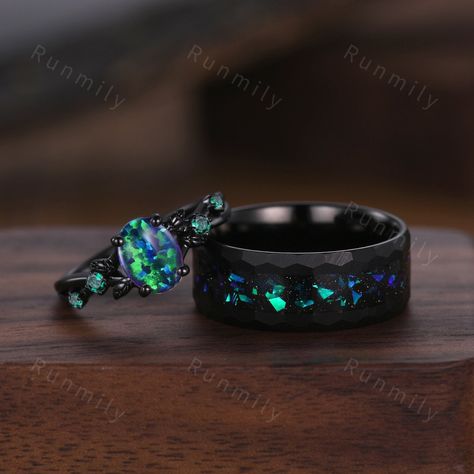 Here we have a Hammered Blue Opal Wedding Ring Set For Couples His and Her Wedding Band Black Tungsten Mens Ring Women Opal Engagement Ring Promise Ring ITEM DESCRIPTION ✦ Handmade, high-quality item! ✦ Material: Sterling Silver/Tungsten ►Sold as a two-piece set ►His ring is Black Tungsten Carbide with blue opal. ►His band width: 8mm ►His tungsten ring will not turn green itself and will not cause your skin to turn green.  ✦ Durable - Incredibly Scratch-Resistant to always look great. ✦ Comfort- Green And Blue Engagement Ring, Wedding Rings For Women Silver, Matching Rings For Couples Wedding Bands, Black Wedding Rings Sets Couple, Enchanted Engagement Ring, Western Wedding Rings With Turquoise, Alt Engagement Ring, Wedding Rings Gold And Silver, Promise Ring Sets