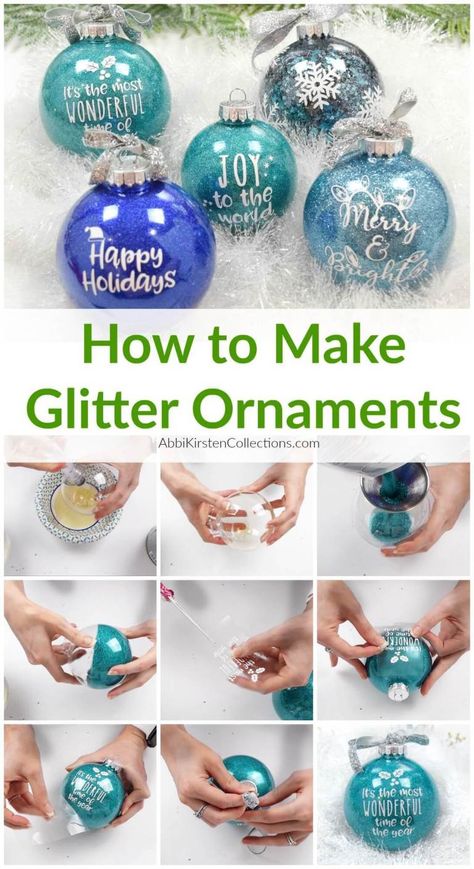 DIY Glitter Ornaments: How to make easy custom Christmas ornaments with vinyl. Free Christmas word SVG cut files and how to put vinyl on a curved surface! Christmas Ornaments With Vinyl, Christmas Balls Diy, Diy Glitter Ornaments, Christmas Ball Ornaments Diy, Clear Christmas Ornaments, Glitter Ornaments Diy, How To Make Glitter, Ornament Making, Cricut Christmas Ideas