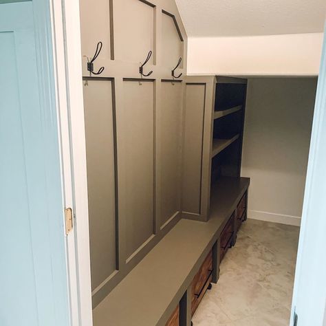 Coat And Storage Closet, Closet Understairs Storage, Downstairs Closet Ideas, Understair Closet Mudroom, Mudroom Ideas Under Stairs, Coat Hanging Ideas Under Stairs, Under Stair Storage Shelves, Organize Under The Stairs Closet, Under The Stairs Coat Storage