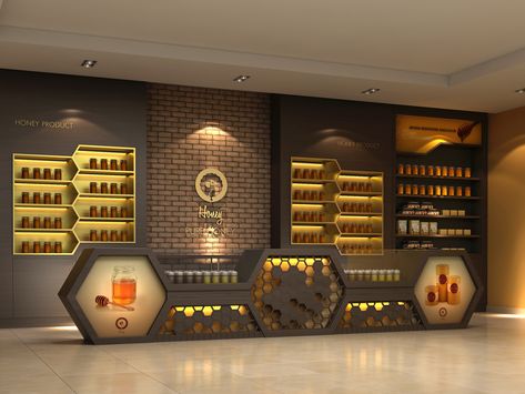 honey products shop on Behance Honey Shop Design Ideas, Honey Store, Honey Products, Jewelry Store Interior, Bar Counter Design, Jewellery Shop Design, Honey Shop, Honey Design, Pharmacy Design