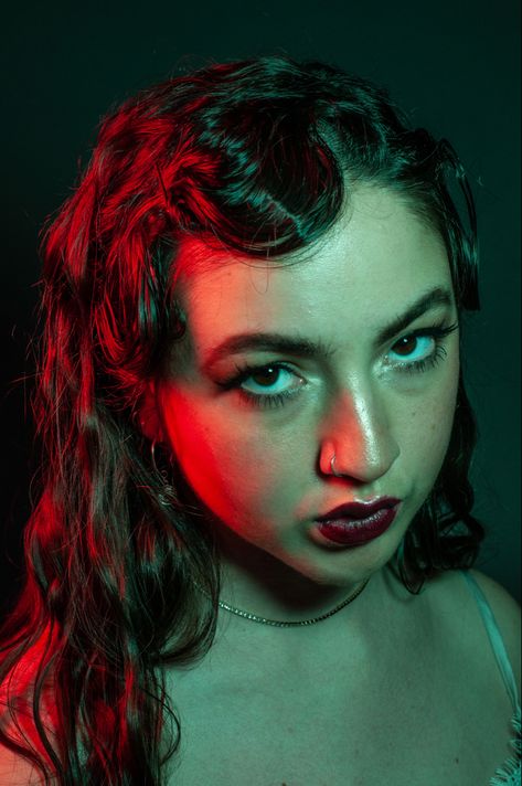 People In Colored Lighting, Portraits With Colored Lighting, Portraiture Photography Lighting, Gel Light Photography, Red Gel Lighting Photography, Expressive Reference Photos, Photoshoot With Colored Lights, Colour Gels Photography, Coloured Portrait Photography