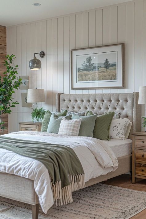 29 Sage Green Farmhouse Bedroom Ideas for a Refreshing Retreat 4 Contemporary Farmhouse Bedroom, Sage Green Farmhouse Bedroom, Green Farmhouse Bedroom, Sage Green Color Scheme, Grey Green Bedrooms, Sage Green Farmhouse, Cottages House, Green And White Bedroom, Earthy Materials