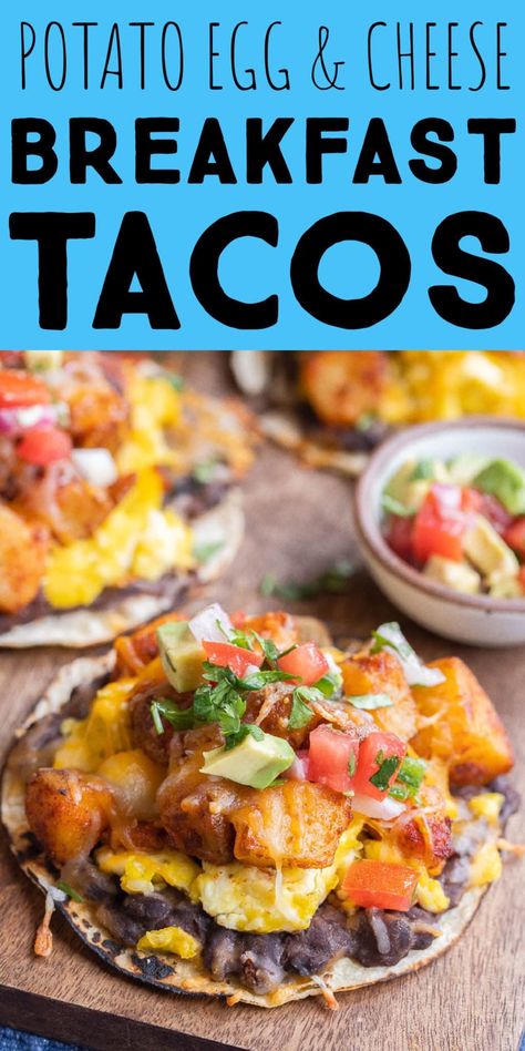 These Potato Egg and Cheese Breakfast Tacos look like they came from a restaurant, but you can easily make them in your own kitchen! These vegetarian breakfast tacos are great for a weekend breakfast or Mother's Day brunch. Add some avocado and pico de Gallo and everyone will be so impressed with these delicious potato breakfast tacos! #breakfasttacos #potatotacos #mothersdaybrunch #breakfastrecipe Breakfast Tacos Vegetarian, Potato Breakfast Tacos, Mini Breakfast Food, Sweet Potato Breakfast Recipes, Summer Breakfasts, Potato And Egg Breakfast, Vegan Refried Beans, Eggs Cheese Breakfast, Breakfast Tacos Recipe