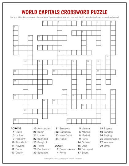 This crossword puzzle for older kids is a great way to help test their knowledge of world capitals, while making it enjoyable at the same time. Makes a perfect classroom supplement or free time activity, and adults may enjoy it as well! Crossword Puzzles For Adults, Kids Crossword Puzzles, Free Printable Crossword Puzzles, Empty Notebook, Printable Crossword Puzzles, Perfect Classroom, Word Search Puzzles Printables, Free Printable Puzzles, Free Time Activities