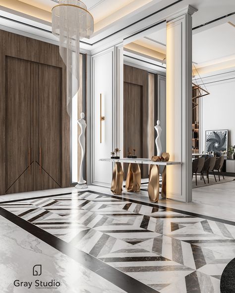 Foyer Classic Design, High Ceiling Living Room Modern, Marble Inlay Floor, Marble Floor Pattern, Inlay Flooring, Interior Design Graphic, Penthouse Design, High Ceiling Living Room, Lobby Interior Design