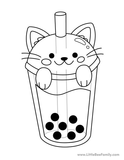 Boba Cat Coloring Page from LittleBeeFamily.com Boba Cat Drawing, Boba Coloring Page, Cute Coloring Pages Easy, Cute Coloring Pages Free Printable, Cute Cat Coloring Pages, Printable Color Pages, Cute Coloring Pages For Kids, Coloring Template, Coloring Pictures For Kids