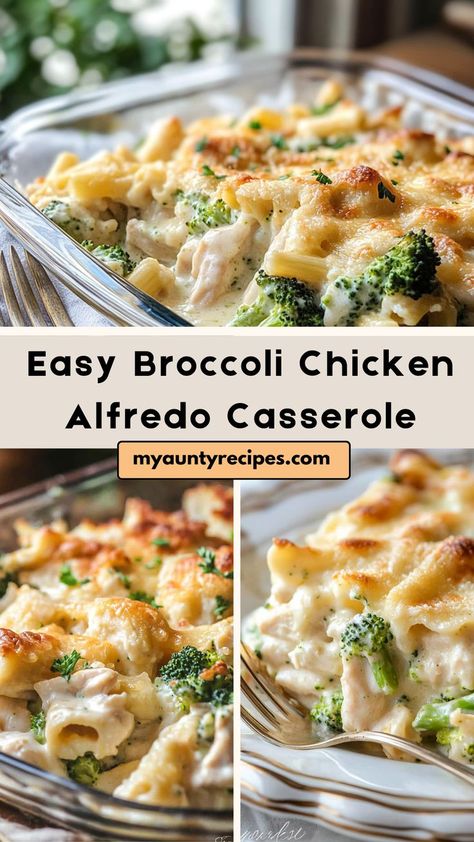 This Easy Broccoli Chicken Alfredo Casserole is a creamy, cheesy, and comforting dish that’s perfect for a busy weeknight meal. Tender chicken, steamed broccoli, and al dente pasta are tossed in a rich Alfredo sauce and baked to perfection with a layer of melted cheese on top. The creamy sauce pairs wonderfully with the chicken and broccoli, creating a delicious and satisfying dish that’s sure to please the whole family. Chicken Alfredo Orzo, Alfredo And Broccoli Pasta, Alfredo Dinner Ideas, Chicken Alfredo Casserole Easy, Chicken And Broccoli Recipes Easy, Chicken Fettuccine Alfredo Casserole, Chicken Broccoli Alfredo Pasta Bake, Chicken Broccoli Alfredo Pasta Casserole, Chicken And Broccoli Alfredo Bake