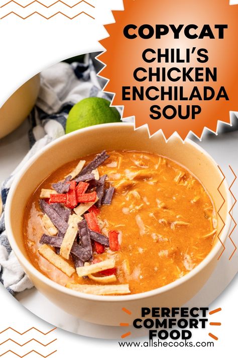 This Copycat Chili's Chicken Enchilada Soup tastes just like your restaurant favorite - but it's easy to make at home for a simple weeknight meal! Copy Cat Chili Enchilada Soup, Chili's Chicken Tortilla Soup, Chilis Chicken Enchilada Soup Crock Pot, Chilies Chicken Enchilada Soup Copycat, Chili's Chicken Tortilla Soup Copycat, Chili's Copycat Enchilada Soup, Chilis Chicken Enchilada Soup Recipe Crockpot, Copycat Chicken Enchilada Soup Chilis, Chili’s Copycat Chicken Tortilla Soup