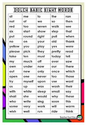 Teacher Fun Files: Dolch Basic Sight Words List Dolch Basic Sight Words, 4th Grade Sight Words, Teacher Fun Files, Dolch Word List, Dolch Sight Word List, Remedial Reading, Basic Sight Words, Words List, Dolch Words