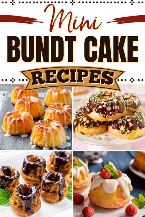 Whether they're glazed, frosted, dusted, or plain, I can't get enough of these fantastic mini bundt cake recipes. They're just too cute not to make! Mini Almond Bundt Cakes, Nordic Ware Mini Bundt Recipes, Boston Cream Bundt Cake Recipes, Miniature Bundt Cakes, Mini Cake Mold Recipes, Miniature Cakes Recipes, Tiny Bundt Cake Recipes, Wilton Mini Bundt Cake Recipes, Baby Bundt Cake Recipes