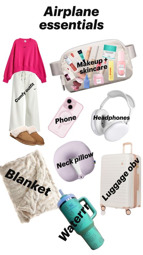 Stuff to bring on the plane Sleepover Packing List, Vacation Packing Checklist, Road Trip Necessities, Trip Essentials Packing Lists, Sleepover Essentials, Road Trip Bag, Road Trip Kit, Airplane Travel Essentials, Travel Packing Checklist