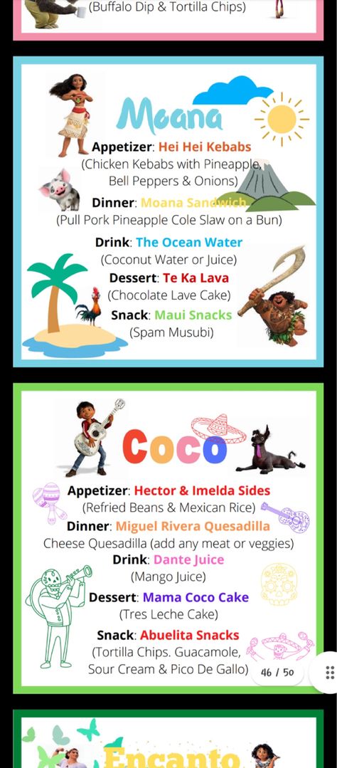 Cinderella Menu Ideas, Moana Movie Night Dinner, Fun Menu Ideas, Easy Disney Dinner Recipes, Disney Dinner Themes, Disney Food Recipes Movies Dinner, Disney Themed Dinners For Kids, Ratatouille Movie Night Food, Disney Recipes Dinner