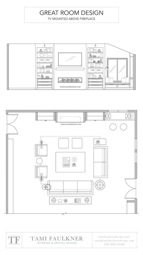 MOUNTING A TV ABOVE A FIREPLACE - YES OR NO? — Tami Faulkner Design Living Room Plans Layout, Living Room Floor Plans With Fireplace, Living Room Plan And Elevation, Plan Section Elevation Drawings Of House, Great Room Dimensions, Floor Plan Living Room, Interior Design Autocad, Interior Design Drawings Floor Plans, Study Room Floor Plan