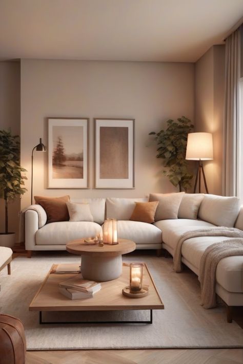 Modern Chill Living Room, Tan Living Room Ideas Neutral Walls, Light Brown Home Decor, Living Room Themes Apartment Cozy, Light And Neutral Living Room, Mid Century Beige Living Room, Small Apartment Living Room Neutral, Sand Coloured Living Room, White And Brown Wood Living Room