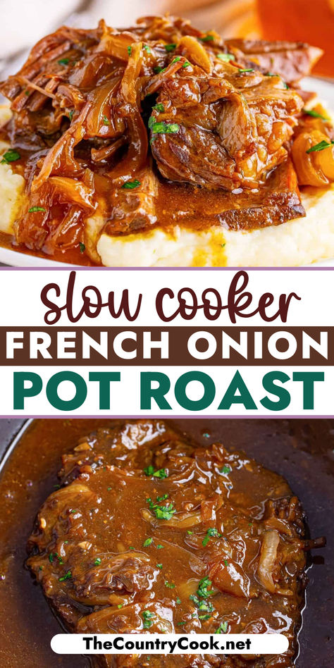 This Slow Cooker French Onion Pot Roast is easy to make and so flavorful. It just falls apart and melts in your mouth! What's not to love? Crock Pot Roast Recipes Crockpot, Easy Crockpot Recipes Pot Roast, Dinner Ideas With Beef Roast, French Onion Short Rib Soup Crockpot, Crock Pot Beef Pot Roast, Pot Roast With Cabbage, Red Wine Braised Pot Roast Slow Cooker, Crock Pot Recipes Pot Roast, Recipe For Chuck Roast In Crock Pot