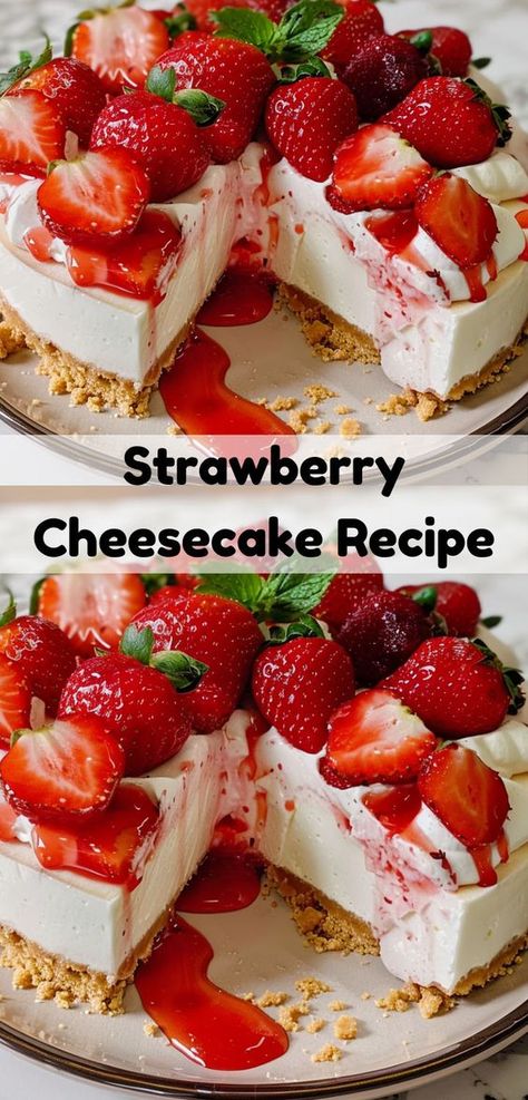 Searching for the ultimate strawberry dessert? Try our Strawberry Cheesecake Recipe! This delicious cheesecake recipe features fresh strawberries and creamy cheesecake. Cheesecake Birthday Cake Decoration, Cute Desserts Recipes, Cheesecake Recipes Strawberry, Cheesecake Strawberry Topping, Strawberry Cheesecake Recipes, Strawberry Cheesecake Recipe Easy, Best Strawberry Cheesecake, Strawberries Desserts, Strawberry Cheesecake No Bake