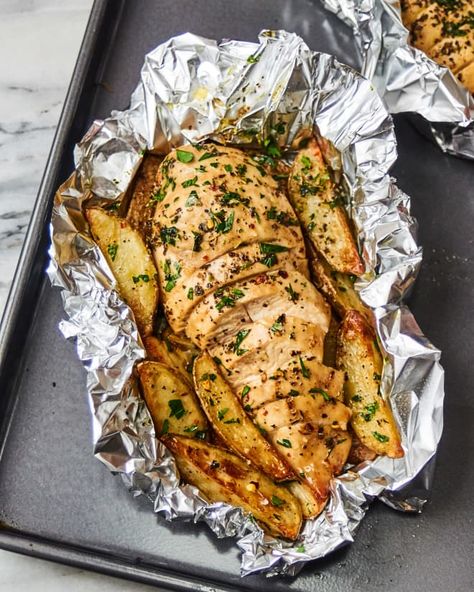 Upgrade Boneless, Skinless Chicken Breasts with Garlic Butter and Potatoes Chicken Thigh Foil Packets, Potato Foil Packets, Foil Packet Recipes, Foil Packet Potatoes, Chicken Foil Packets, Camping Foods, Foil Pack Meals, Foil Packet Meals, Foil Packet