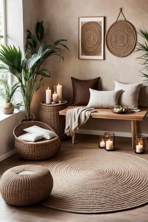 Living room meditation corner with brown, beige and white color scheme Outdoor Cozy Corner, Bedroom Meditation Space Ideas, Quiet Room Ideas Meditation Space, Yoga Altar Meditation Corner, Meditation Area Ideas Small Spaces, Meditation Corner Ideas, Meditation Corner In Bedroom, Meditation Room Decor Zen Space, Meditation Space Ideas