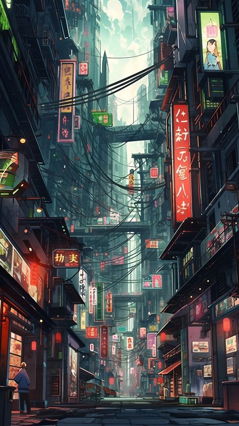 Art of Japanese cyberpunk city Neo Tokyo Cyberpunk, Anime City Scape, Cyberpunk Landscape Art, Cyberpunk City Scape, Cyberpunk City Layout, Fantasy Cyberpunk City, Dystopian Cyberpunk City, Streetpunk Aesthetic, City Aesthetic Anime