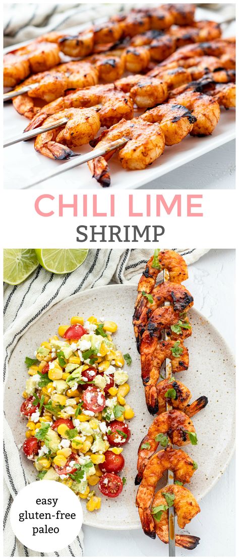 This chili lime shrimp is infused in a smoky and zesty marinade and charred lightly on the grill to produce the tastiest shrimp skewers ever!  Pair it with a cool and refreshing salad or serve along with rice or on tacos! You can’t go wrong with this quick, easy and flavourful shrimp recipe! #shrimpskewers #healthyBBQrecipes #glutenfree #low carb #paleo #keto #shrimprecipes Shrimp Kebobs Skewers, Easy Shrimp Skewers, Shrimp And Veggie Skewers, Grilled Shrimp Tacos Marinade, Shrimp Kebabs In The Oven, Best Grilled Shrimp Skewers, Asian Grilled Shrimp, Island Shrimp Recipe, Bar B Q Shrimp Recipe