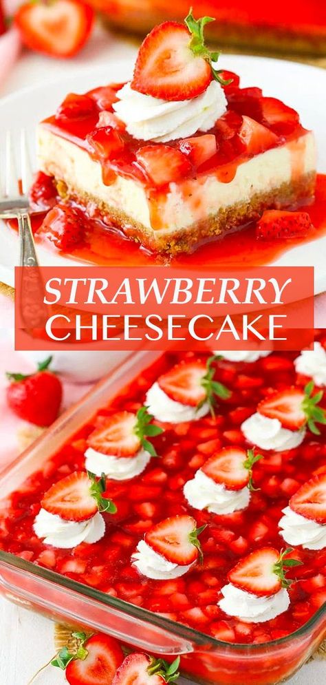 Strawberry Cheesecake Recipe Easy, Dessert For A Crowd, Cheese Desserts, Easy Strawberry Cheesecake, Strawberry Cheesecake Bars, Strawberry Cheesecake Recipe, Homemade Strawberry Sauce, Cheesecake Toppings, Sugar Recipes