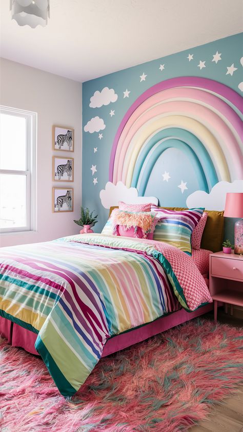 Transform your home with chic decor ideas and modern trends. Find elegant inspirations and luxe solutions to create a stylish and sophisticated space. #HomeDecor #DesignTrends #LuxeInteriors Rainbow Inspired Bedroom, Rainbow Themed Bedroom Target, Rainbow Guest Bedroom, Purple Rainbow Girls Bedroom, Pastel Rainbow Room Kids Girl Bedrooms, Rainbow Bedroom Ideas, Rainbow Room Aesthetic, Pastel Rainbow Room, Pastel Rainbow Bedroom